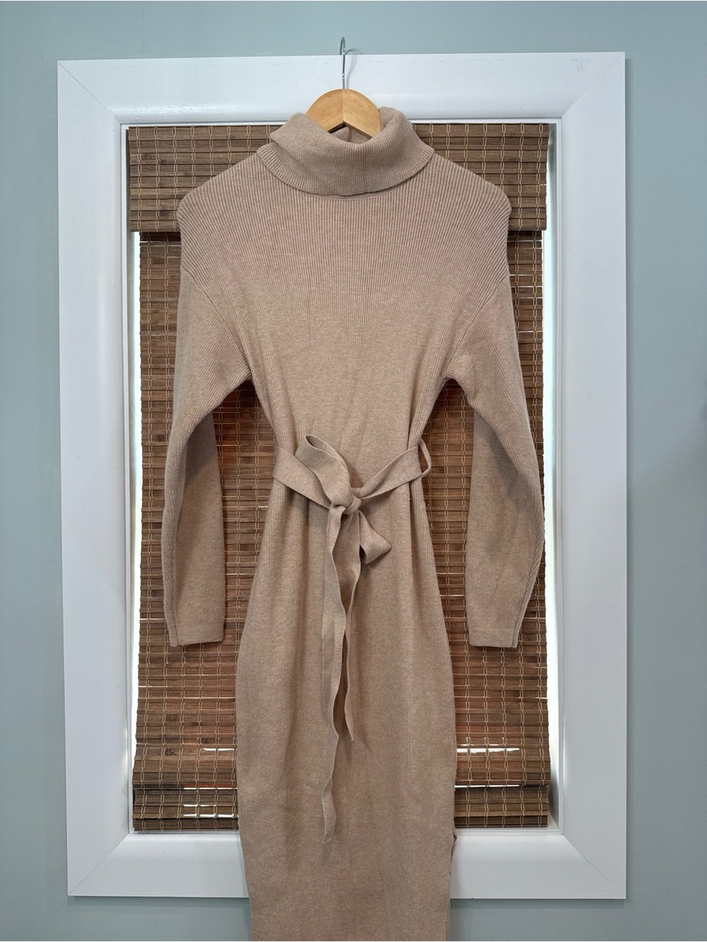 Turtleneck Tie-Waist Sweater Dress in Beige